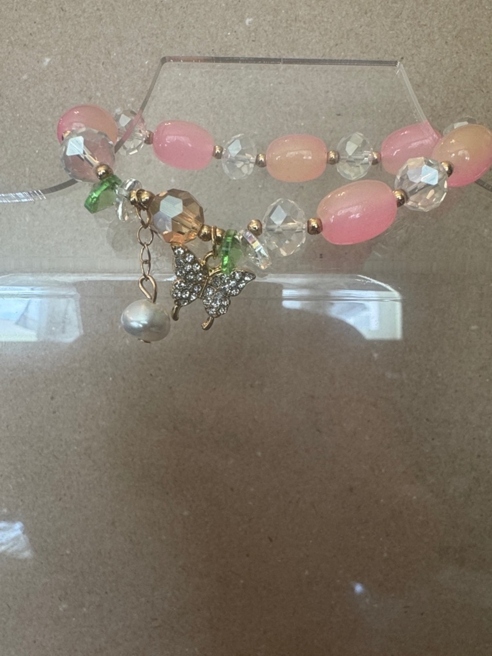Pink Beaded Butterfly Charm Bracelet - Unbranded